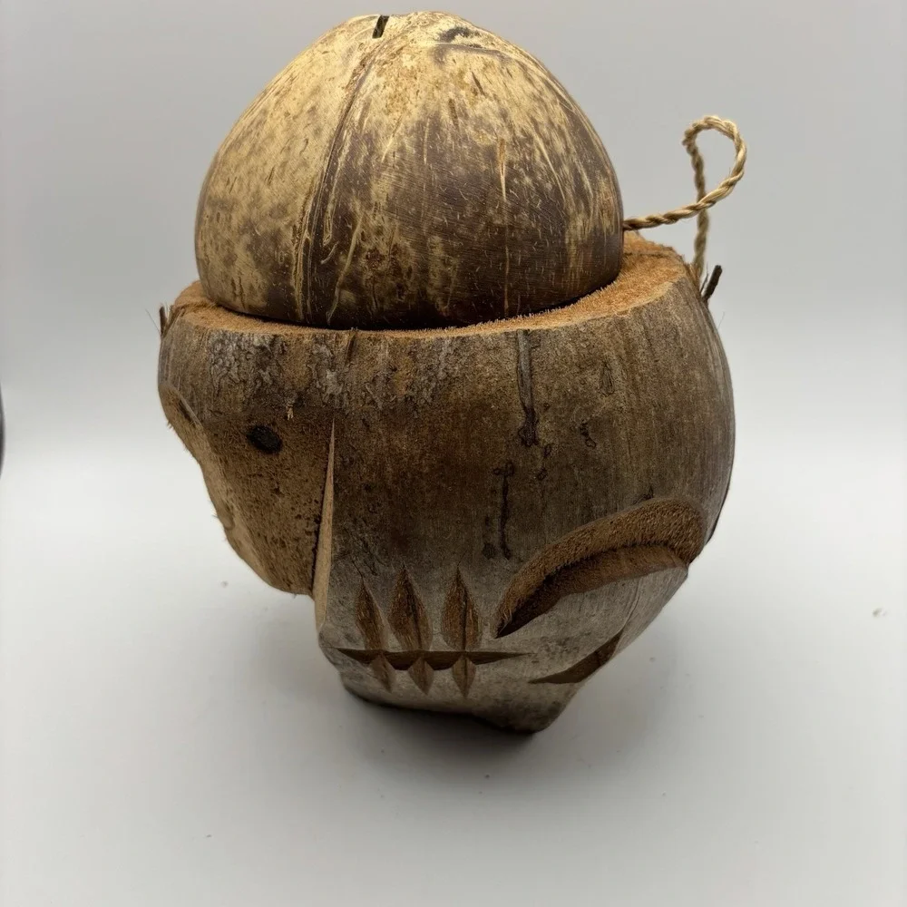 Hand Carved Coconut Monkey Bank Raw‎ from Indonesia 8x6x6